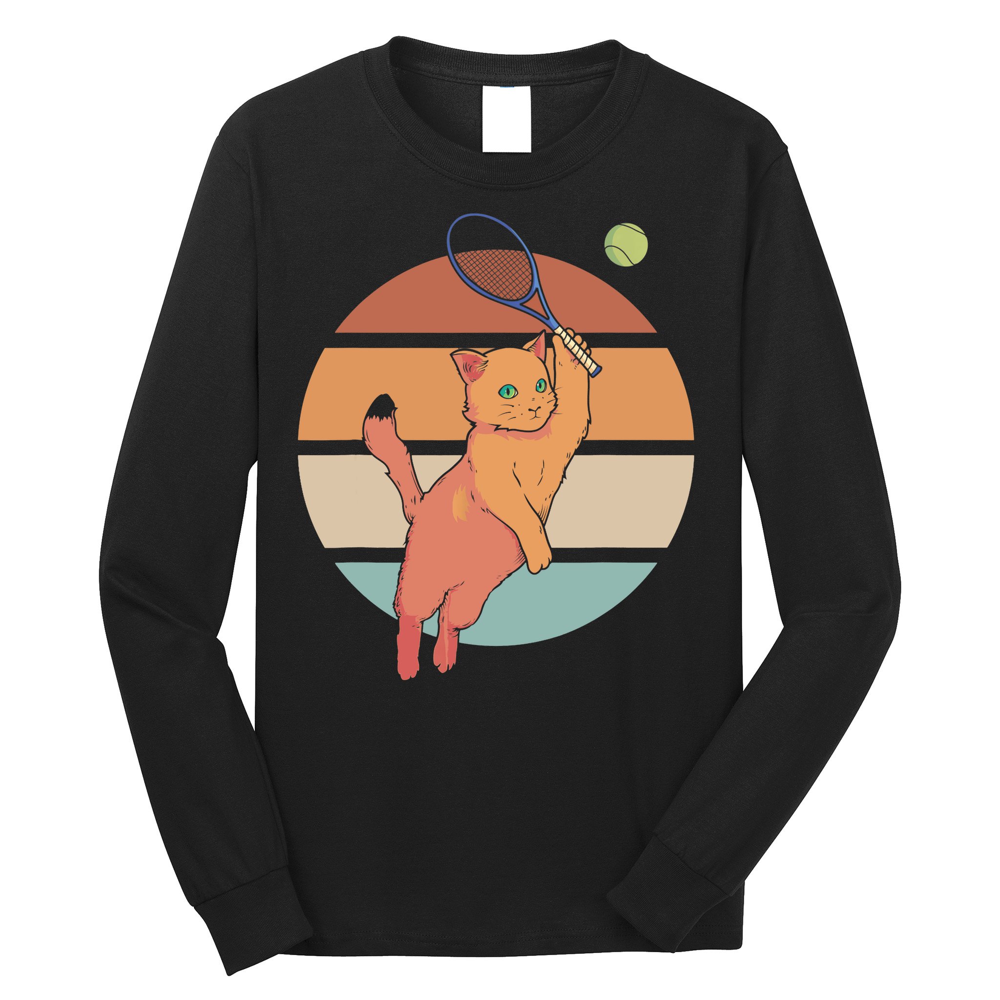 Funny Tennis Racket Cat Playing Tennis Long Sleeve Shirt