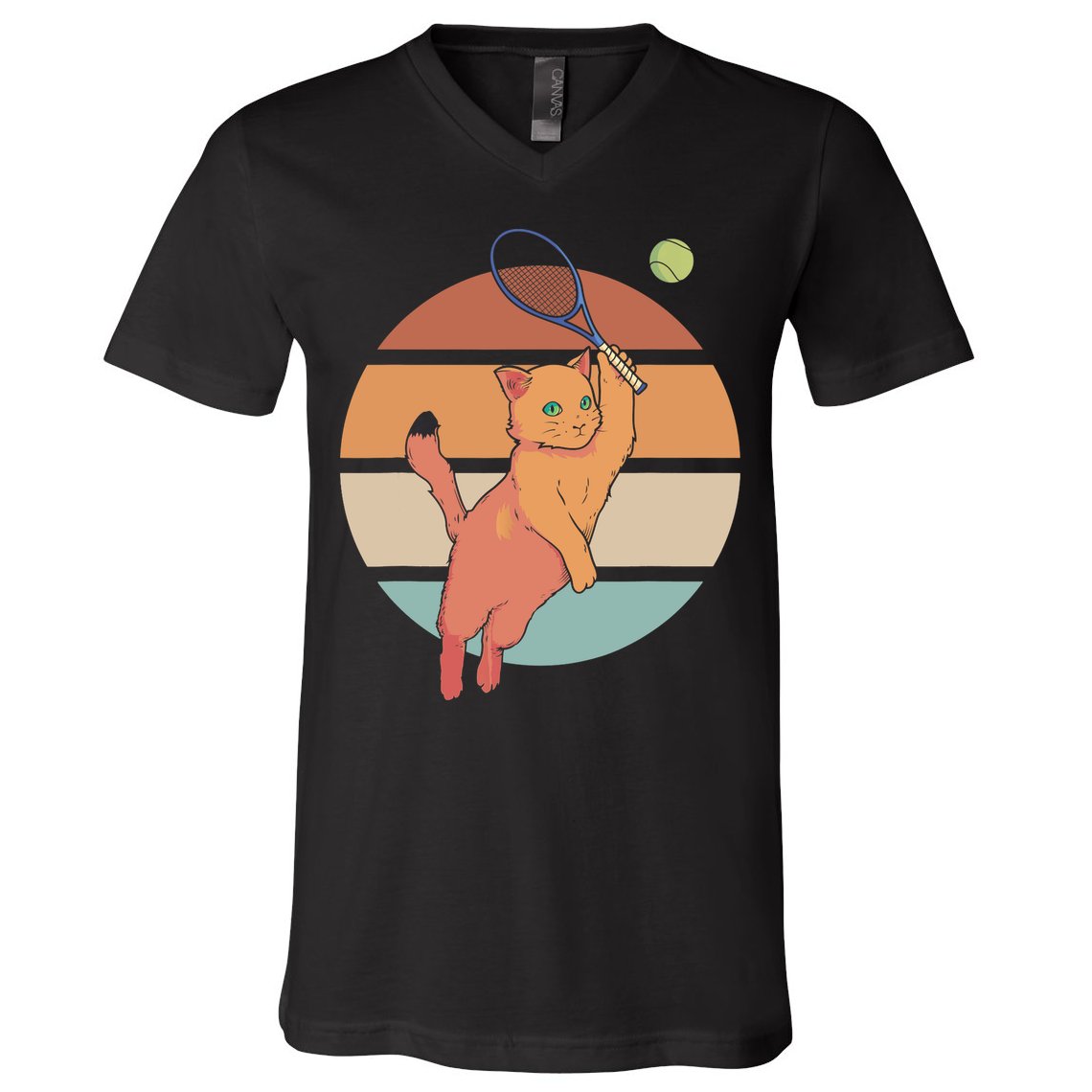 Funny Tennis Racket Cat Playing Tennis V-Neck T-Shirt