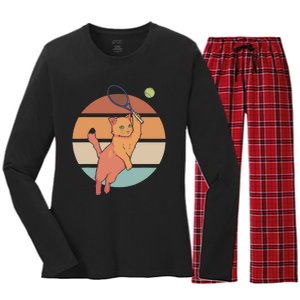 Funny Tennis Racket Cat Playing Tennis Women's Long Sleeve Flannel Pajama Set 