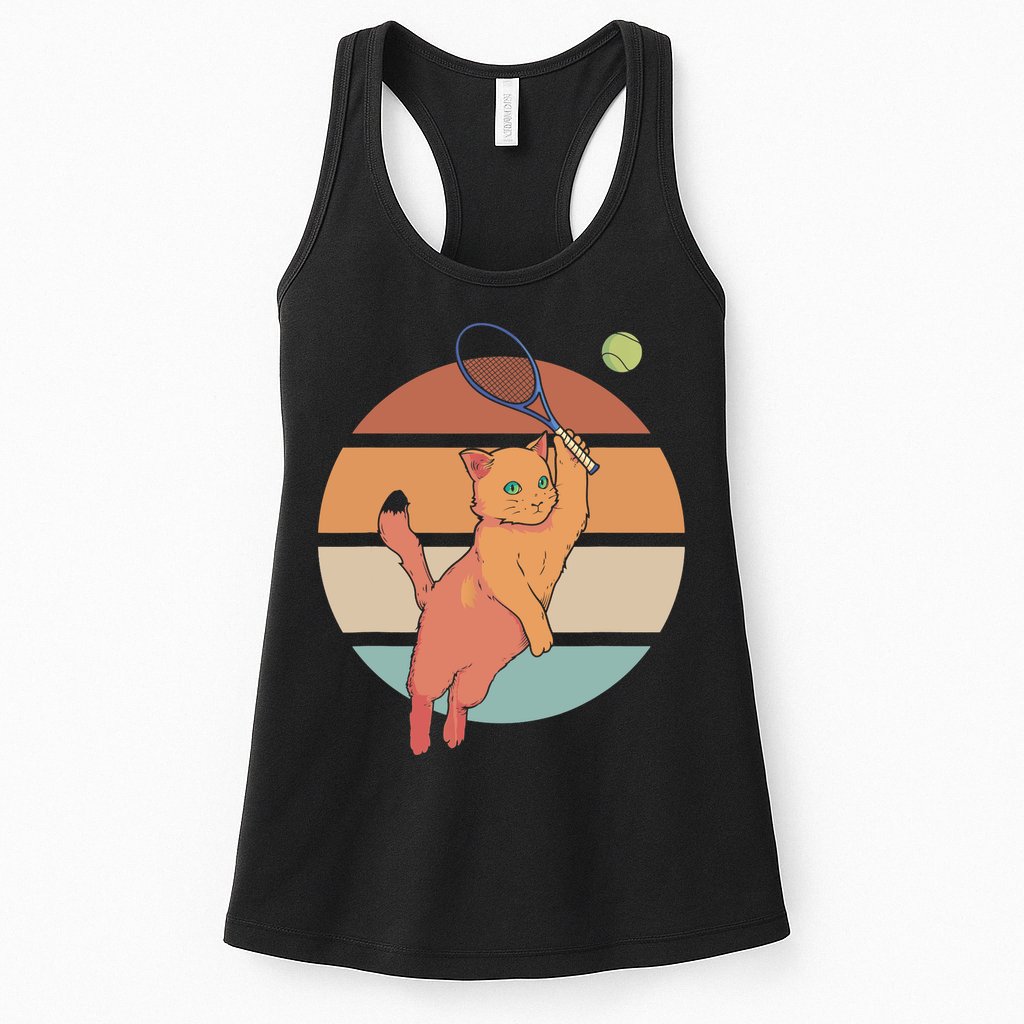 Funny Tennis Racket Cat Playing Tennis Womens Tank Top