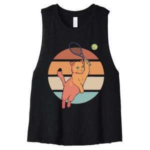 Funny Tennis Racket Cat Playing Tennis Women's Racerback Cropped Tank