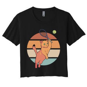 Funny Tennis Racket Cat Playing Tennis Women's Crop Top Tee