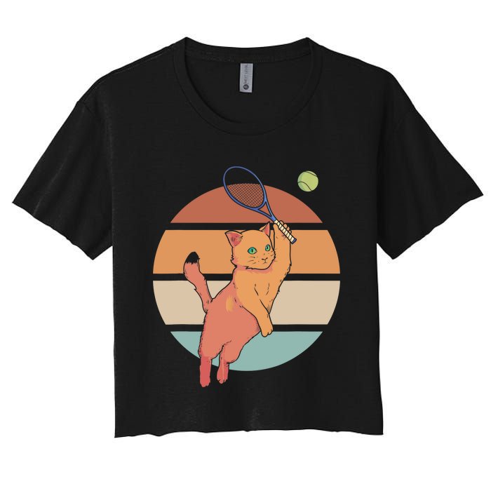 Funny Tennis Racket Cat Playing Tennis Women's Crop Top Tee