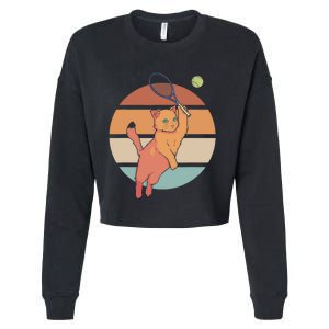 Funny Tennis Racket Cat Playing Tennis Cropped Pullover Crew