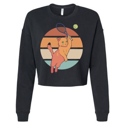 Funny Tennis Racket Cat Playing Tennis Cropped Pullover Crew