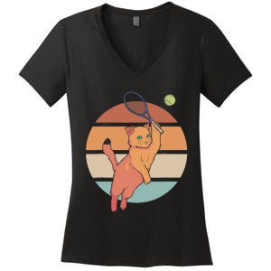 Funny Tennis Racket Cat Playing Tennis Women's V-Neck T-Shirt