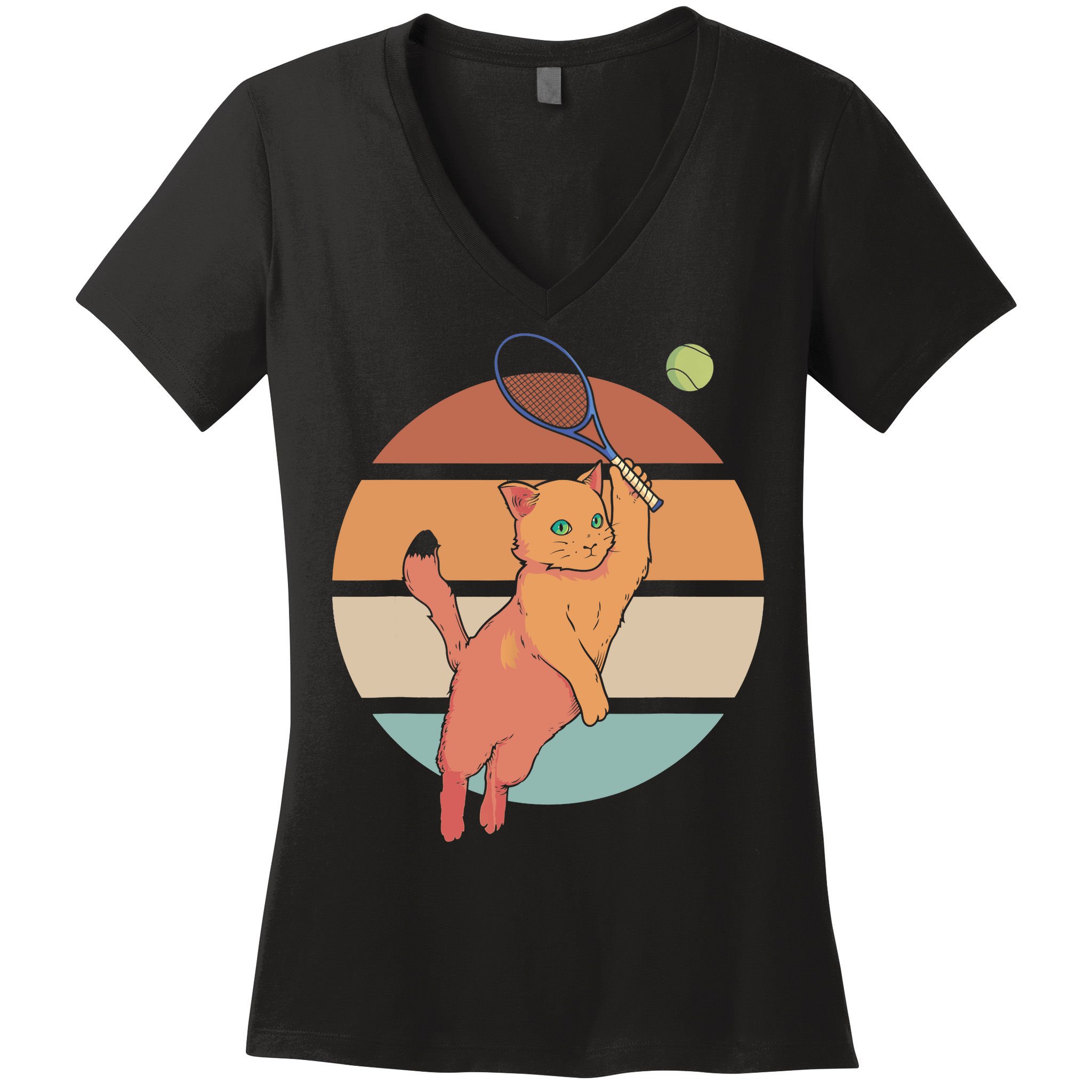 Funny Tennis Racket Cat Playing Tennis Women's V-Neck T-Shirt