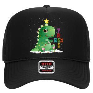 Funny Tree Rex Christmas Tree Lights Dinosaur T Rex High Crown Mesh Back Trucker Hat