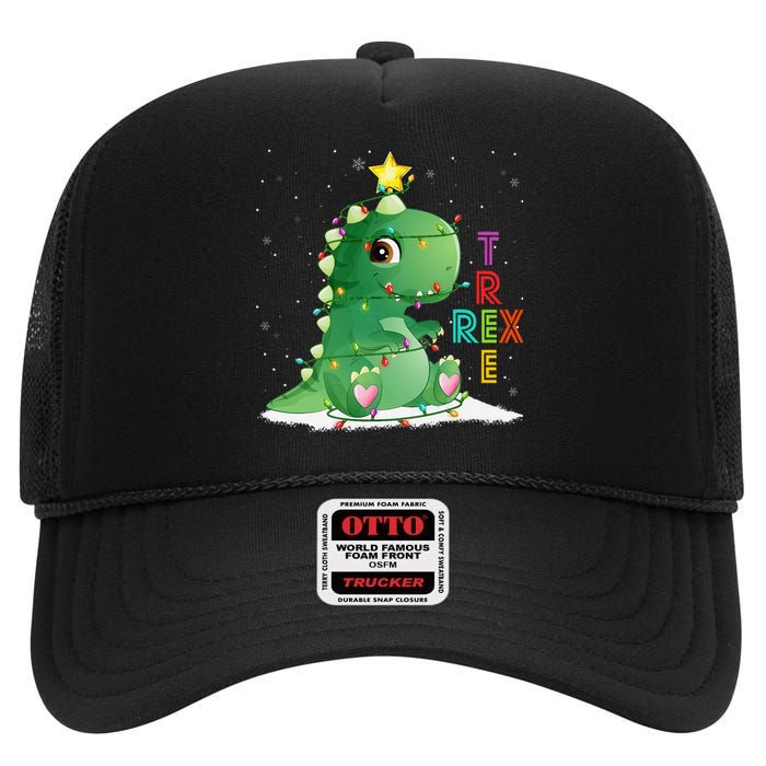 Funny Tree Rex Christmas Tree Lights Dinosaur T Rex High Crown Mesh Back Trucker Hat