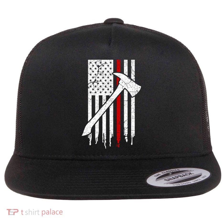 Firefighter Thin Red Line American Flag Gift Flat Bill Trucker Hat