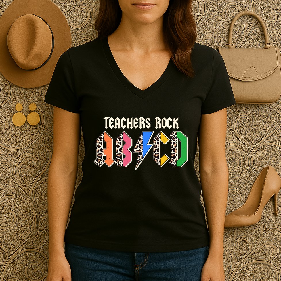 Funny Teachers Rock ABCD Rocker Women's V-Neck T-Shirt