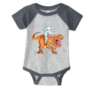 Funny Tyrannosaurus Rex Dino Dinosaur Cat Riding Trex Infant Baby Jersey Bodysuit