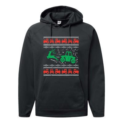 Farm Tractor Reindeer Fun Ugly Christmas Sweater Farmer Performance Fleece Hoodie