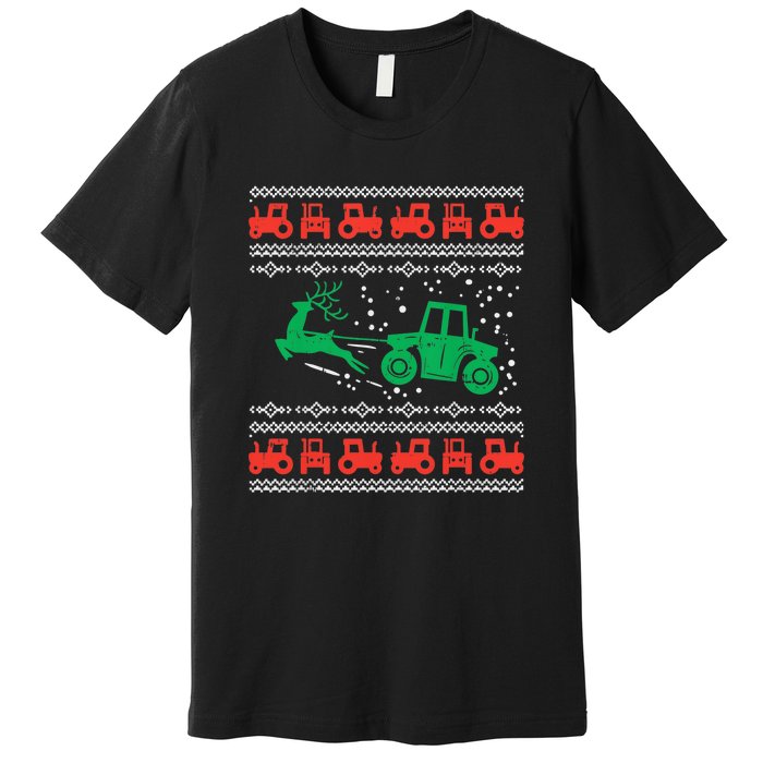 Farm Tractor Reindeer Fun Ugly Christmas Sweater Farmer Premium T-Shirt