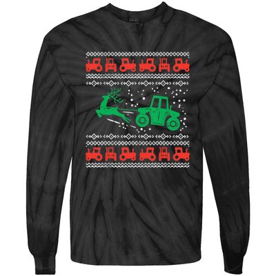 Farm Tractor Reindeer Fun Ugly Christmas Sweater Farmer Tie-Dye Long Sleeve Shirt