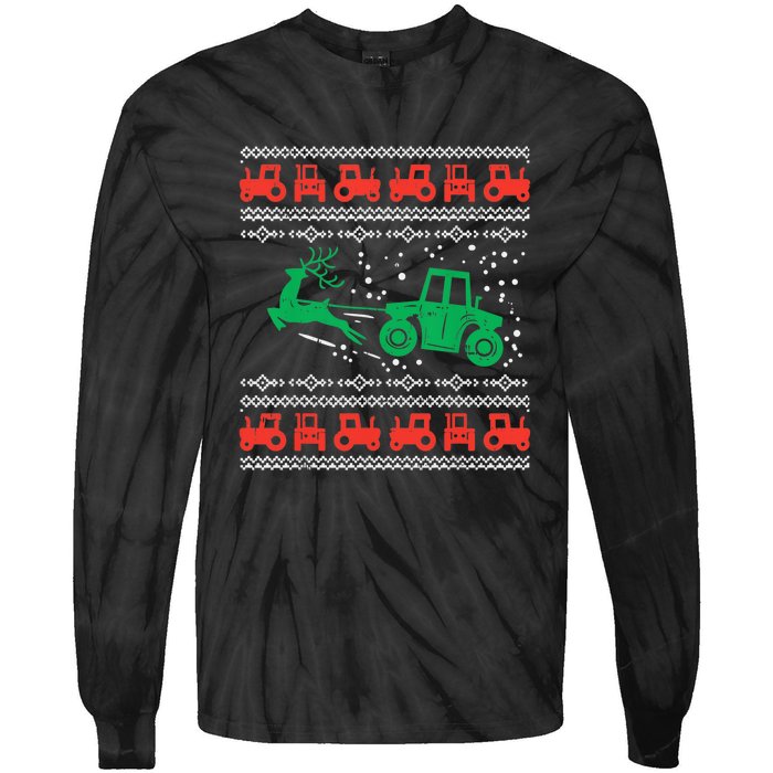 Farm Tractor Reindeer Fun Ugly Christmas Sweater Farmer Tie-Dye Long Sleeve Shirt