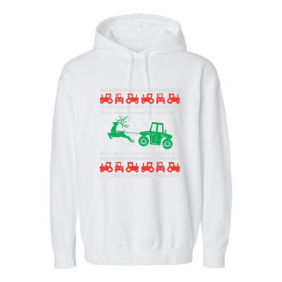 Farm Tractor Reindeer Fun Ugly Christmas Sweater Farmer Garment-Dyed Fleece Hoodie