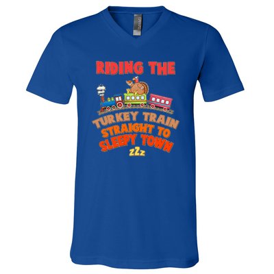 Funny Thanksgiving Riding The Turkey Train Straight To Sleepy Town V-Neck T-Shirt