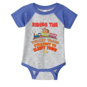 Funny Thanksgiving Riding The Turkey Train Straight To Sleepy Town Infant Baby Jersey Bodysuit