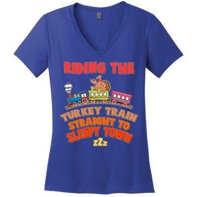 Funny Thanksgiving Riding The Turkey Train Straight To Sleepy Town Women's V-Neck T-Shirt
