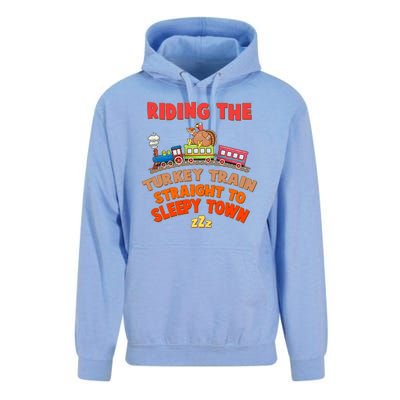 Funny Thanksgiving Riding The Turkey Train Straight To Sleepy Town Unisex Surf Hoodie