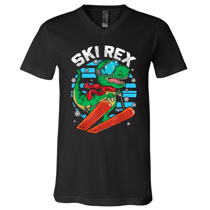 Funny Tyrannosaurus Rex Dinosaur Girls Boys Skiing SKI REX TShirt V-Neck T-Shirt