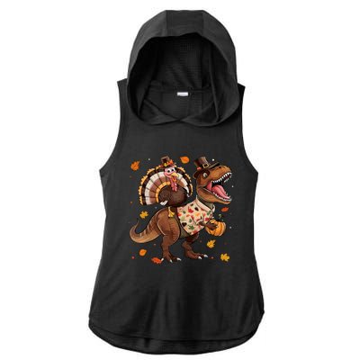 Funny Turkey Riding Dinosaur T Rex Thanksgiving Boy Ladies PosiCharge Tri-Blend Wicking Draft Hoodie Tank