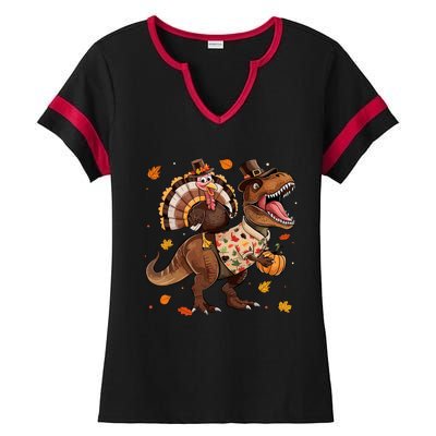 Funny Turkey Riding Dinosaur T Rex Thanksgiving Boy Ladies Halftime Notch Neck Tee