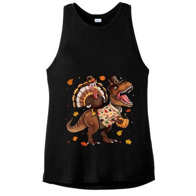 Funny Turkey Riding Dinosaur T Rex Thanksgiving Boy Ladies PosiCharge Tri-Blend Wicking Tank