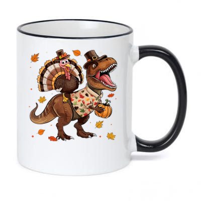 Funny Turkey Riding Dinosaur T Rex Thanksgiving Boy 11oz Black Color Changing Mug