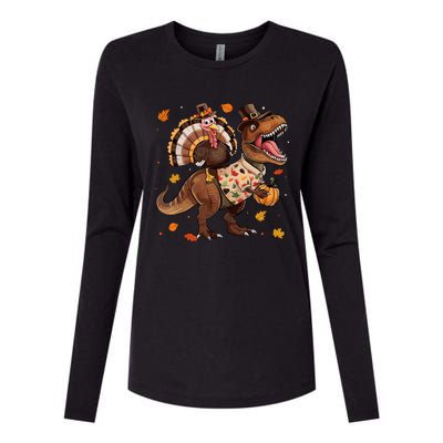 Funny Turkey Riding Dinosaur T Rex Thanksgiving Boy Womens Cotton Relaxed Long Sleeve T-Shirt