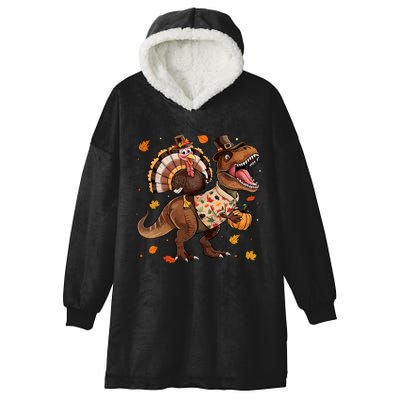 Funny Turkey Riding Dinosaur T Rex Thanksgiving Boy Hooded Wearable Blanket