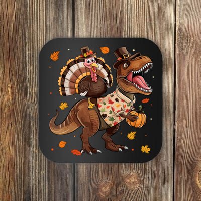 Funny Turkey Riding Dinosaur T Rex Thanksgiving Boy Coaster