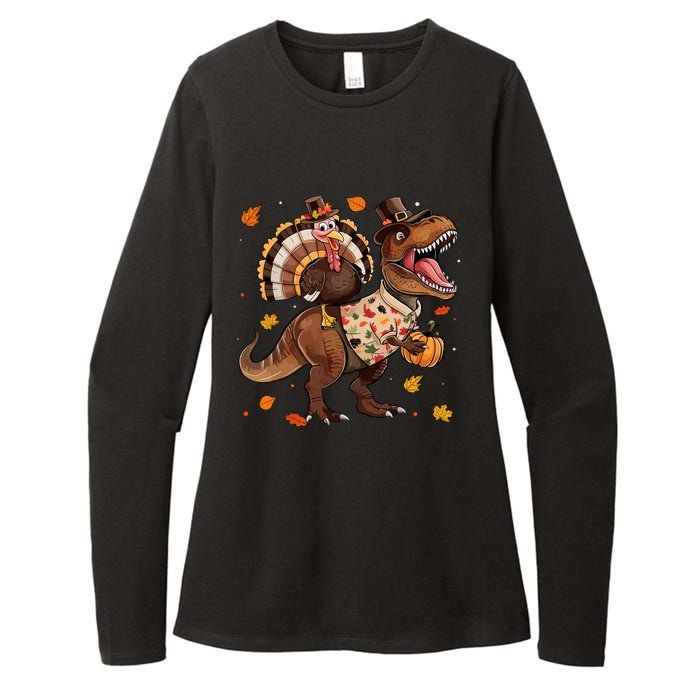 Funny Turkey Riding Dinosaur T Rex Thanksgiving Boy Womens CVC Long Sleeve Shirt