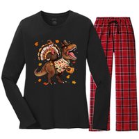 Funny Turkey Riding Dinosaur T Rex Thanksgiving Boy Women's Long Sleeve Flannel Pajama Set 