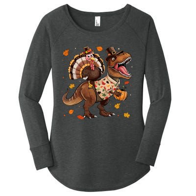 Funny Turkey Riding Dinosaur T Rex Thanksgiving Boy Women's Perfect Tri Tunic Long Sleeve Shirt