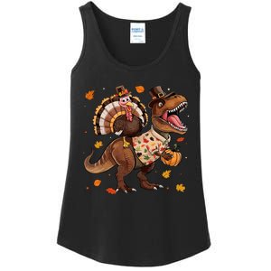 Funny Turkey Riding Dinosaur T Rex Thanksgiving Boy Ladies Essential Tank