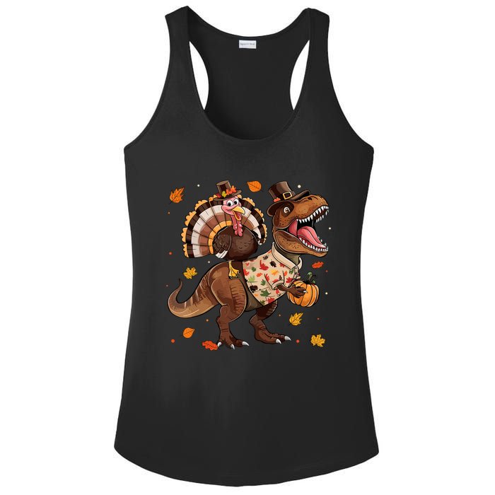 Funny Turkey Riding Dinosaur T Rex Thanksgiving Boy Ladies PosiCharge Competitor Racerback Tank