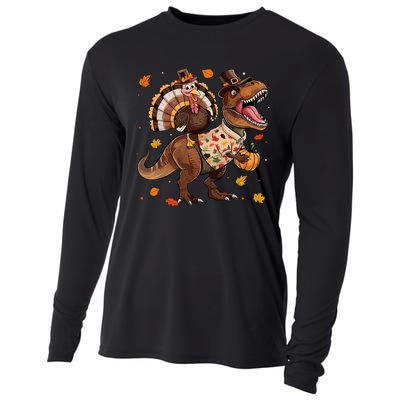 Funny Turkey Riding Dinosaur T Rex Thanksgiving Boy Cooling Performance Long Sleeve Crew