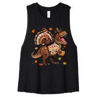 Funny Turkey Riding Dinosaur T Rex Thanksgiving Boy Women's Racerback Cropped Tank