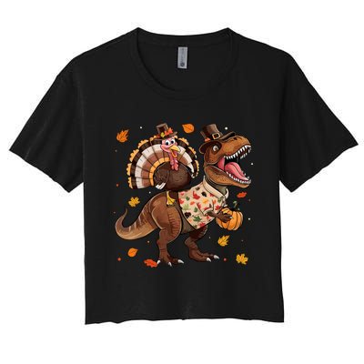 Funny Turkey Riding Dinosaur T Rex Thanksgiving Boy Women's Crop Top Tee