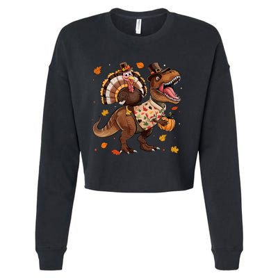 Funny Turkey Riding Dinosaur T Rex Thanksgiving Boy Cropped Pullover Crew