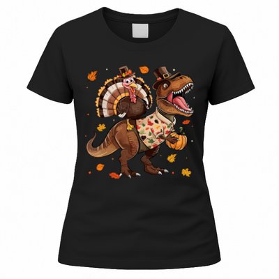 Funny Turkey Riding Dinosaur T Rex Thanksgiving Boy Women's T-Shirt