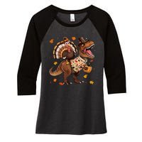 Funny Turkey Riding Dinosaur T Rex Thanksgiving Boy Women's Tri-Blend 3/4-Sleeve Raglan Shirt