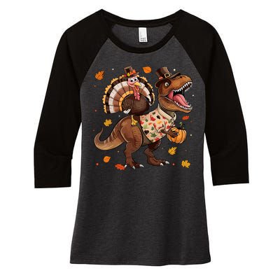 Funny Turkey Riding Dinosaur T Rex Thanksgiving Boy Women's Tri-Blend 3/4-Sleeve Raglan Shirt