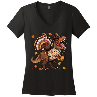 Funny Turkey Riding Dinosaur T Rex Thanksgiving Boy Women's V-Neck T-Shirt