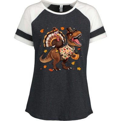 Funny Turkey Riding Dinosaur T Rex Thanksgiving Boy Enza Ladies Jersey Colorblock Tee