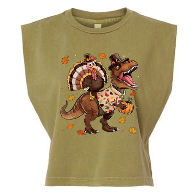 Funny Turkey Riding Dinosaur T Rex Thanksgiving Boy Garment-Dyed Women's Muscle Tee