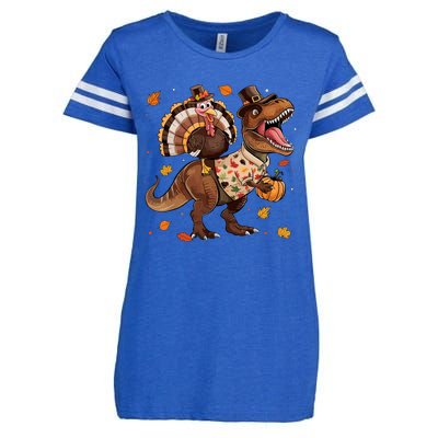 Funny Turkey Riding Dinosaur T Rex Thanksgiving Boy Enza Ladies Jersey Football T-Shirt