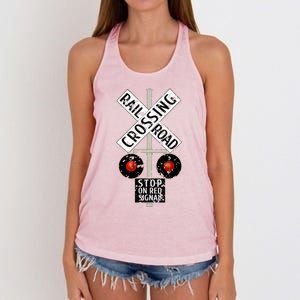 Funny Train Railroad Crossing With Lights Road Sign Women's Knotted Racerback Tank